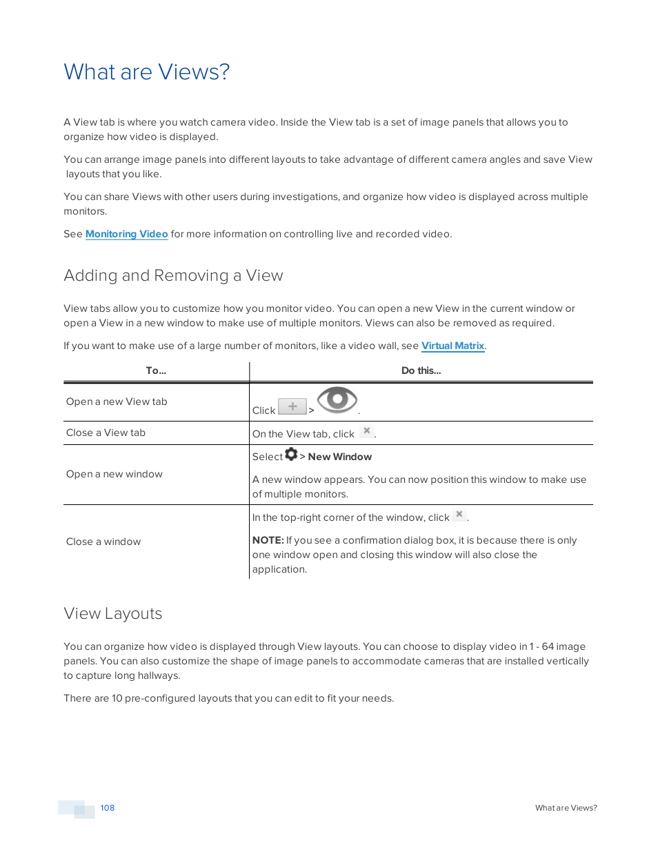 What are views, Adding and removing a view, View layouts | Avigilon ACC Enterprise Version 5.2.2 User Manual | Page 108 / 189