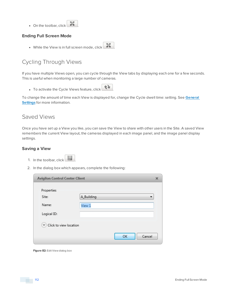 Ending full screen mode, Cycling through views, Saved views | Saving a view | Avigilon ACC Enterprise Version 5.2.2 User Manual | Page 112 / 189