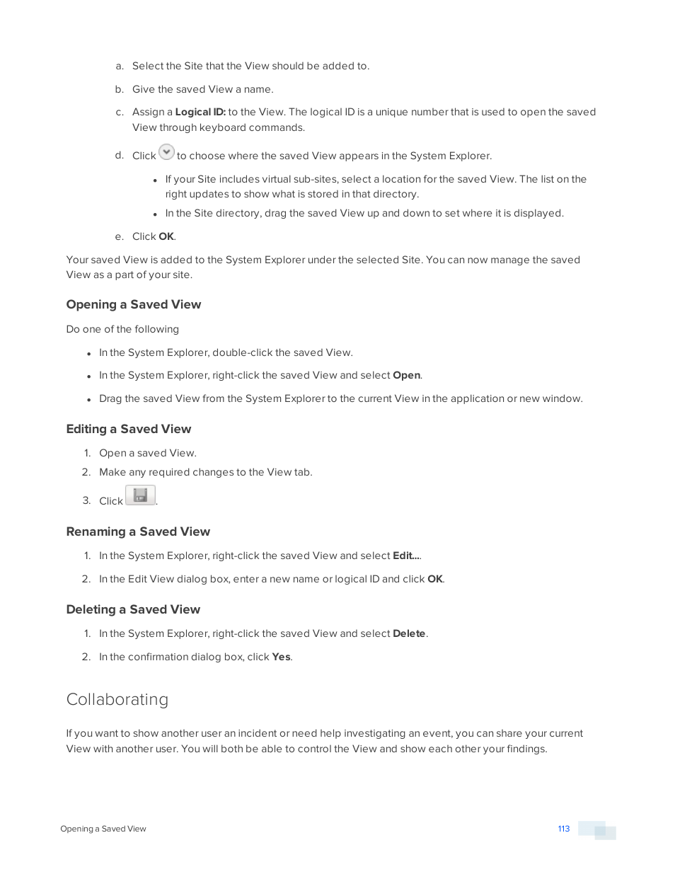 Opening a saved view, Editing a saved view, Renaming a saved view | Deleting a saved view, Collaborating | Avigilon ACC Enterprise Version 5.2.2 User Manual | Page 113 / 189