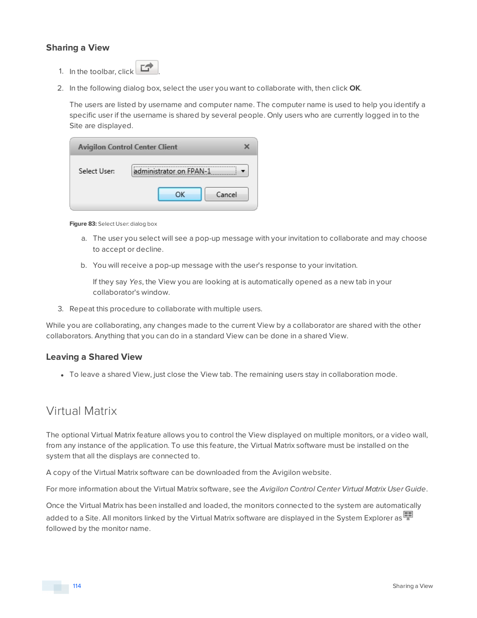 Sharing a view, Leaving a shared view, Virtual matrix | Avigilon ACC Enterprise Version 5.2.2 User Manual | Page 114 / 189