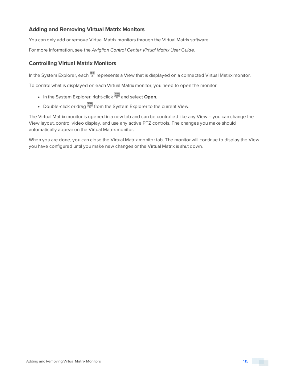 Adding and removing virtual matrix monitors, Controlling virtual matrix monitors | Avigilon ACC Enterprise Version 5.2.2 User Manual | Page 115 / 189