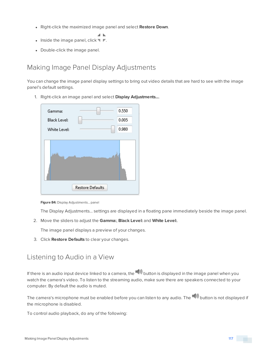 Making image panel display adjustments, Listening to audio in a view | Avigilon ACC Enterprise Version 5.2.2 User Manual | Page 117 / 189