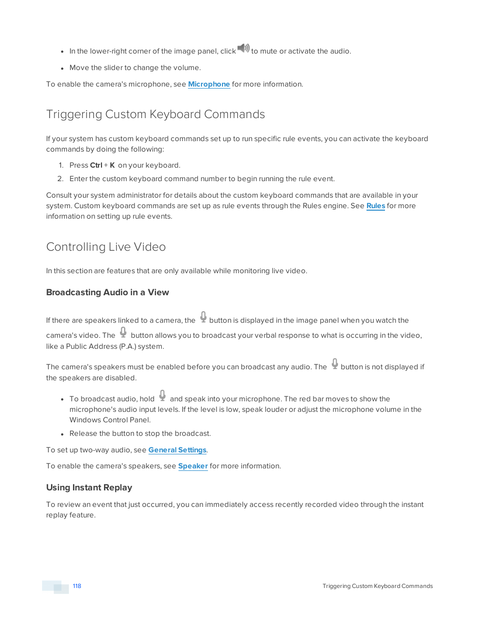 Triggering custom keyboard commands, Controlling live video, Broadcasting audio in a view | Using instant replay | Avigilon ACC Enterprise Version 5.2.2 User Manual | Page 118 / 189