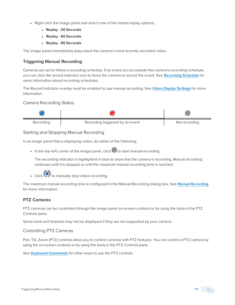 Triggering manual recording, Camera recording states, Starting and stopping manual recording | Ptz cameras, Controlling ptz cameras | Avigilon ACC Enterprise Version 5.2.2 User Manual | Page 119 / 189