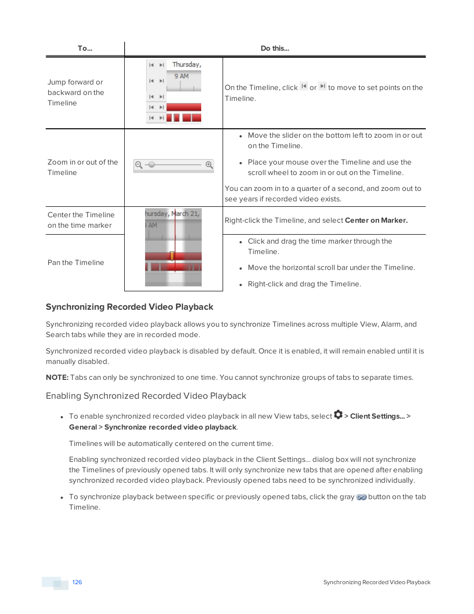 Synchronizing recorded video playback, Enabling synchronized recorded video playback | Avigilon ACC Enterprise Version 5.2.2 User Manual | Page 126 / 189