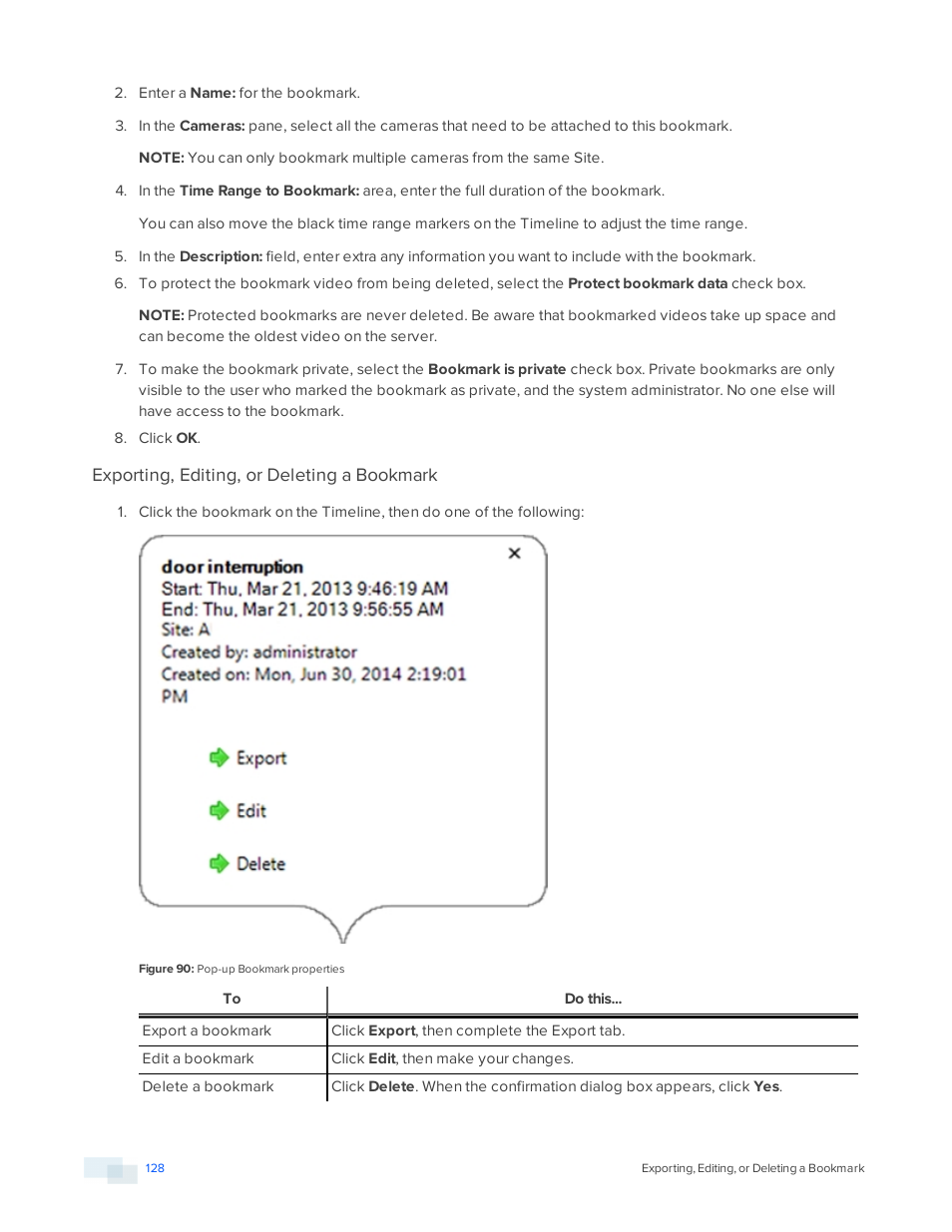 Exporting, editing, or deleting a bookmark | Avigilon ACC Enterprise Version 5.2.2 User Manual | Page 128 / 189