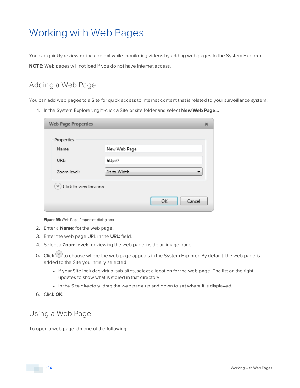 Working with web pages, Adding a web page, Using a web page | Avigilon ACC Enterprise Version 5.2.2 User Manual | Page 134 / 189