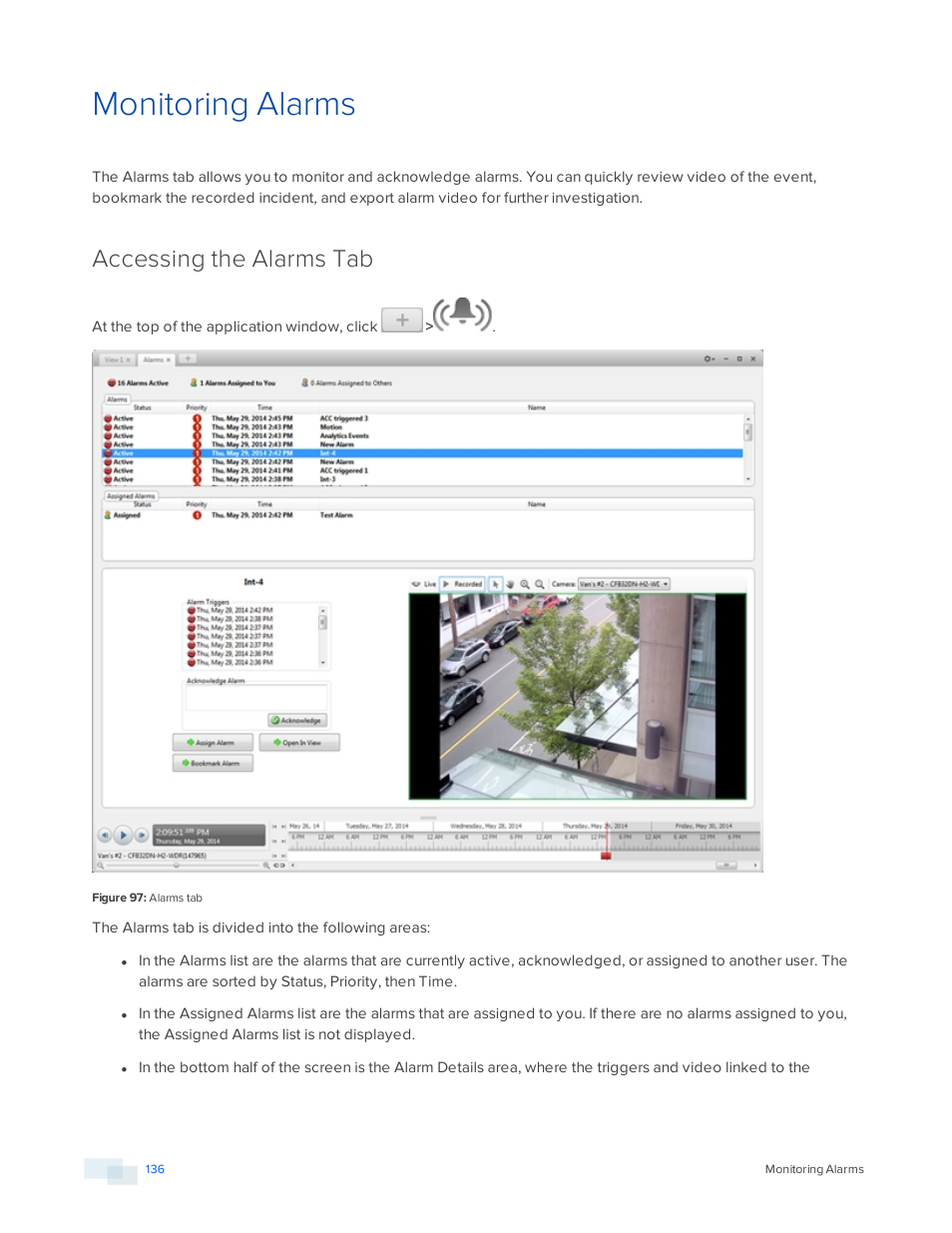 Monitoring alarms, Accessing the alarms tab | Avigilon ACC Enterprise Version 5.2.2 User Manual | Page 136 / 189