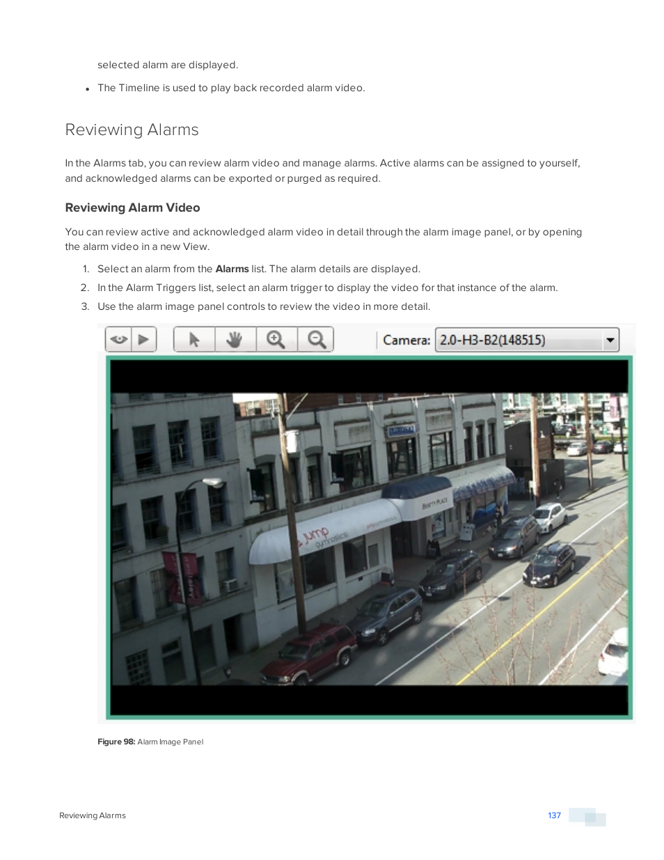 Reviewing alarms, Reviewing alarm video | Avigilon ACC Enterprise Version 5.2.2 User Manual | Page 137 / 189