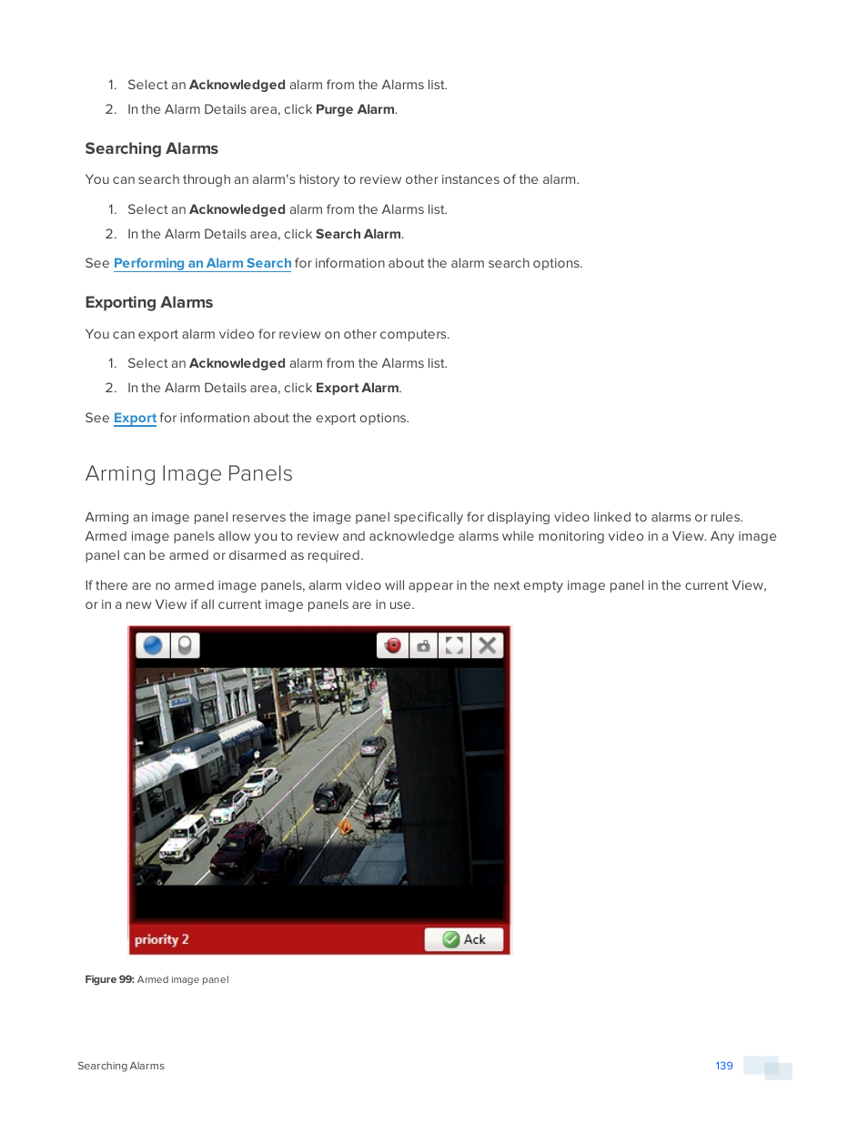 Searching alarms, Exporting alarms, Arming image panels | Avigilon ACC Enterprise Version 5.2.2 User Manual | Page 139 / 189