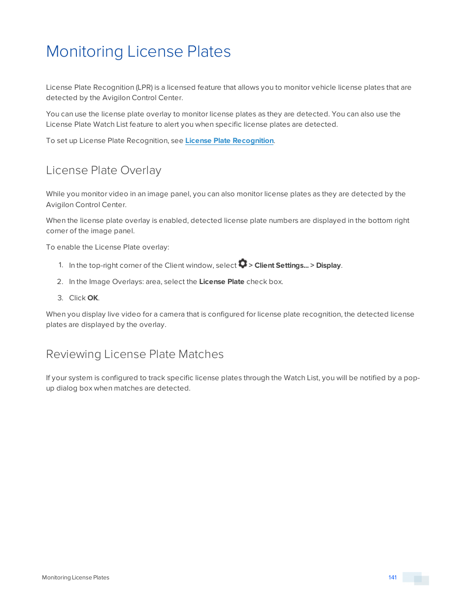 Monitoring license plates, License plate overlay, Reviewing license plate matches | Avigilon ACC Enterprise Version 5.2.2 User Manual | Page 141 / 189