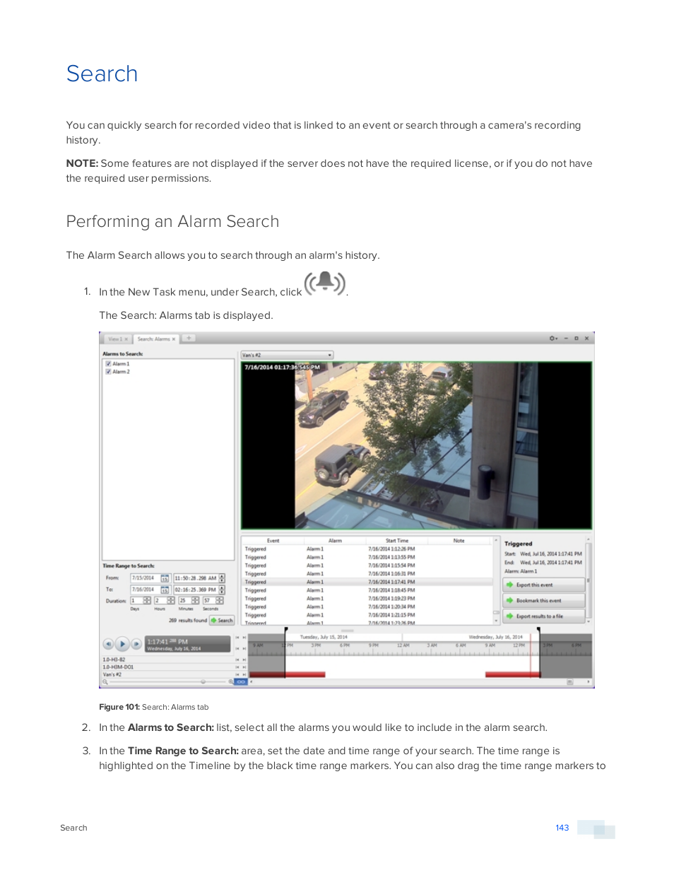 Search, Performing an alarm search | Avigilon ACC Enterprise Version 5.2.2 User Manual | Page 143 / 189