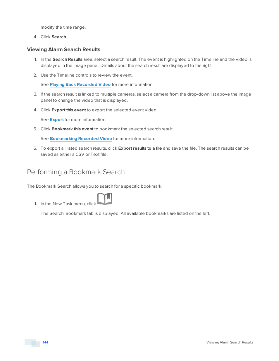 Viewing alarm search results, Performing a bookmark search | Avigilon ACC Enterprise Version 5.2.2 User Manual | Page 144 / 189