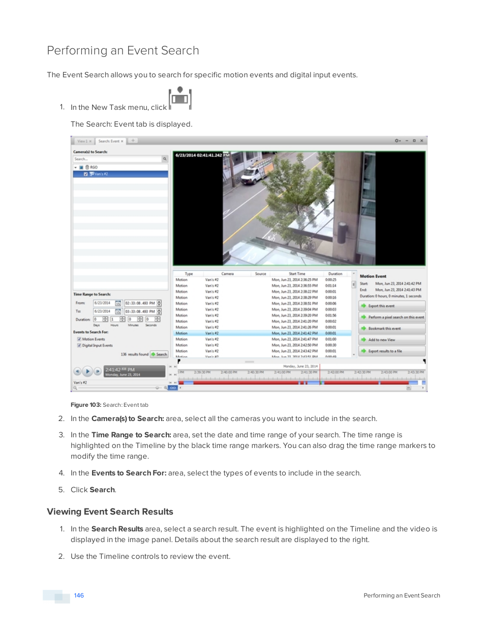 Performing an event search, Viewing event search results | Avigilon ACC Enterprise Version 5.2.2 User Manual | Page 146 / 189