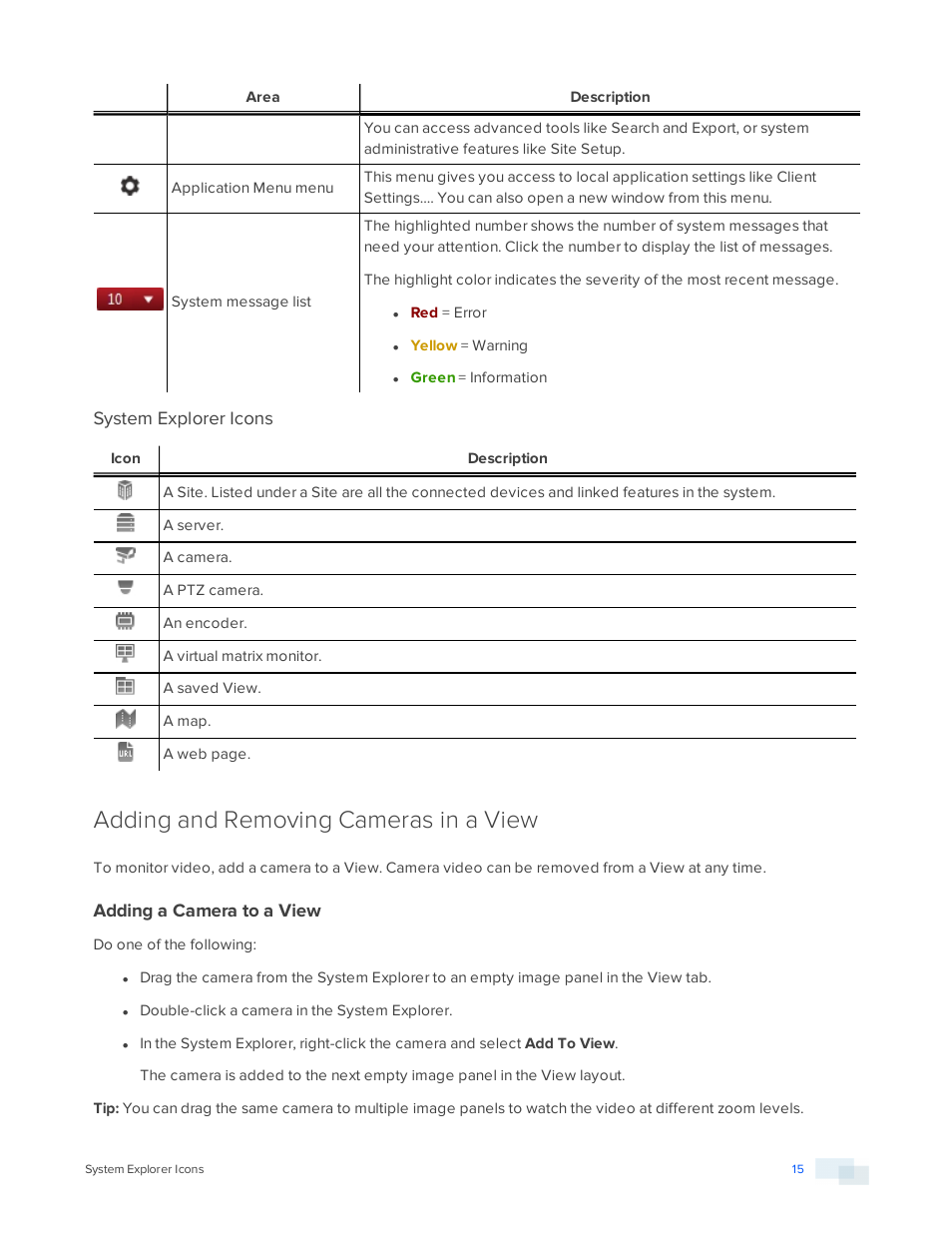 System explorer icons, Adding and removing cameras in a view, Adding a camera to a view | Avigilon ACC Enterprise Version 5.2.2 User Manual | Page 15 / 189