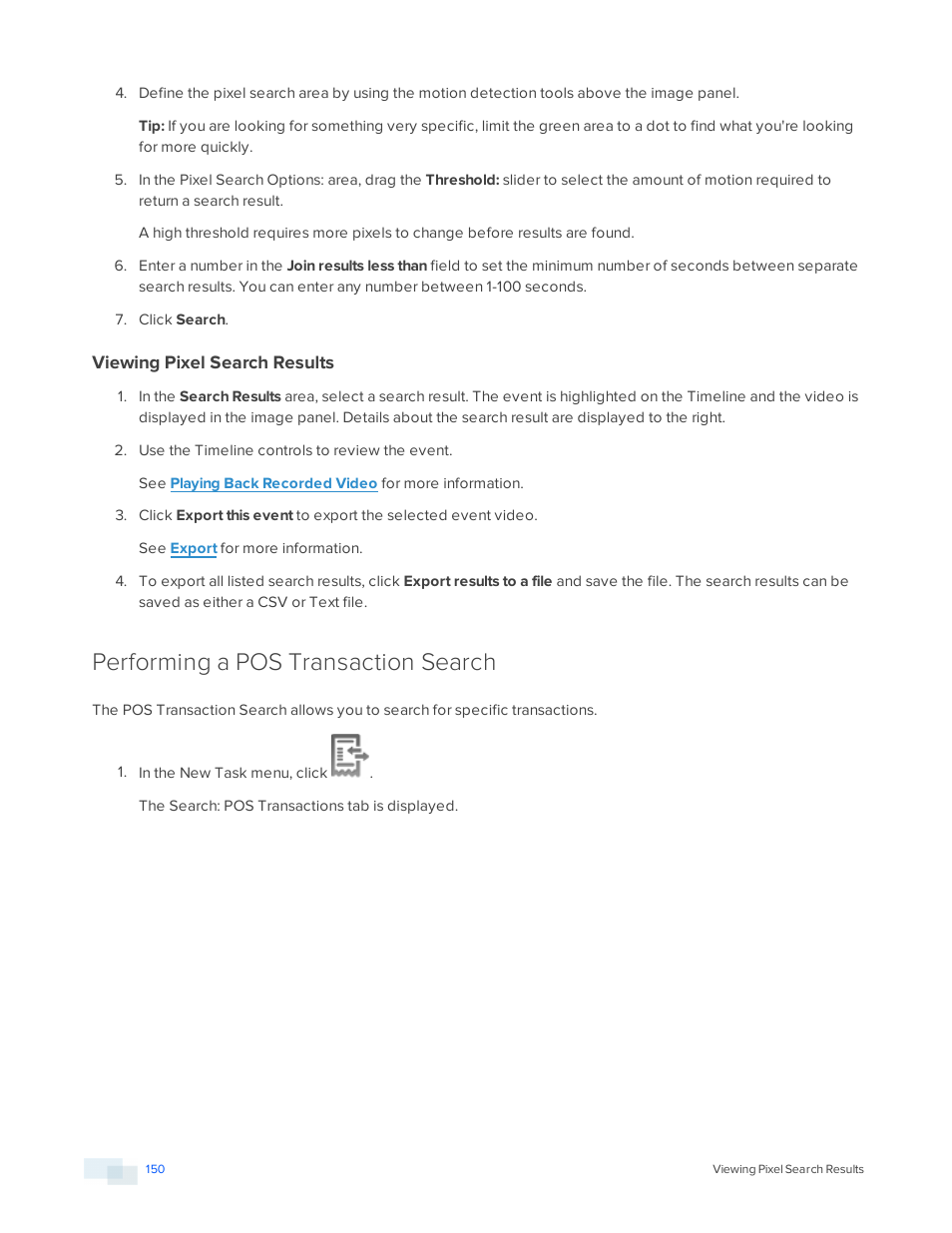 Viewing pixel search results, Performing a pos transaction search | Avigilon ACC Enterprise Version 5.2.2 User Manual | Page 150 / 189