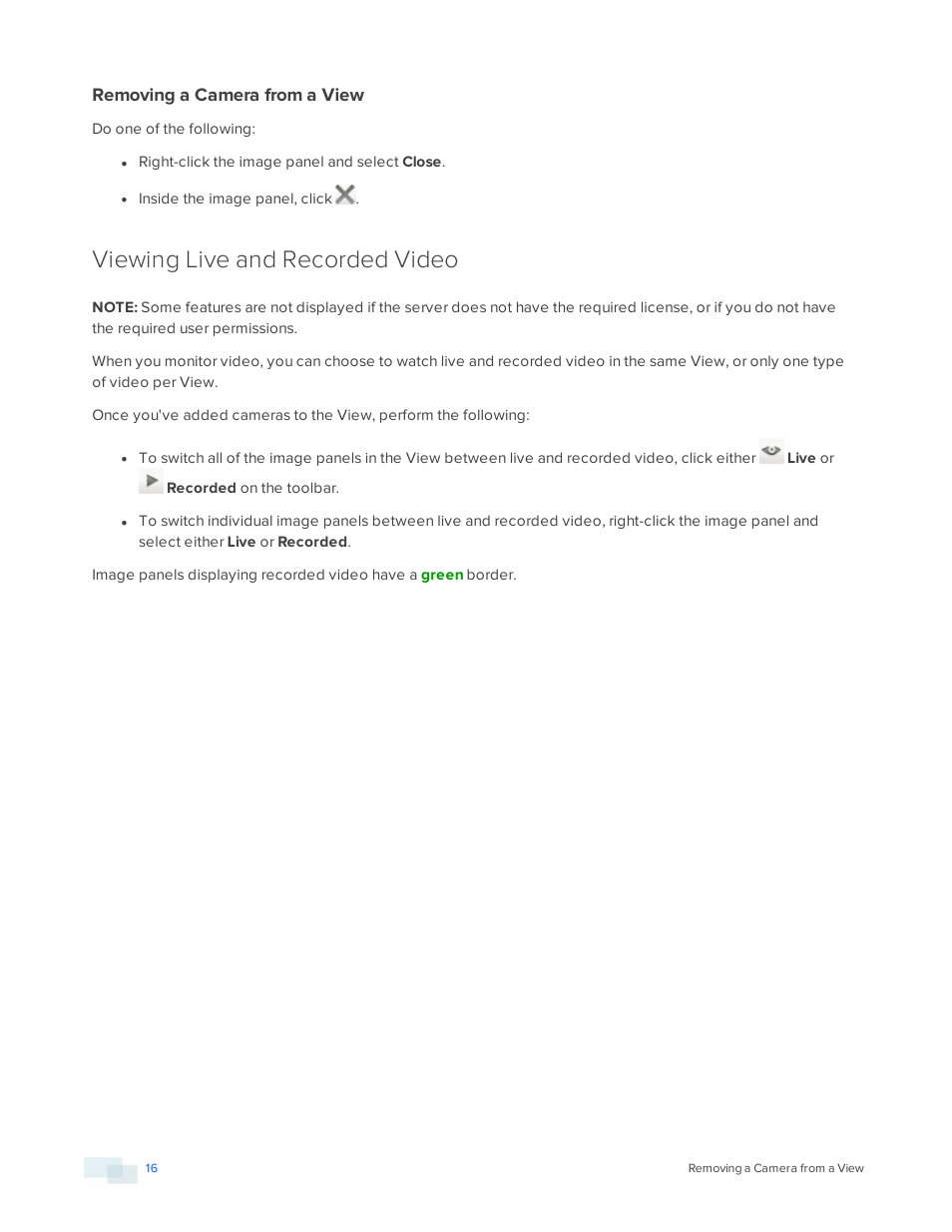 Removing a camera from a view, Viewing live and recorded video | Avigilon ACC Enterprise Version 5.2.2 User Manual | Page 16 / 189