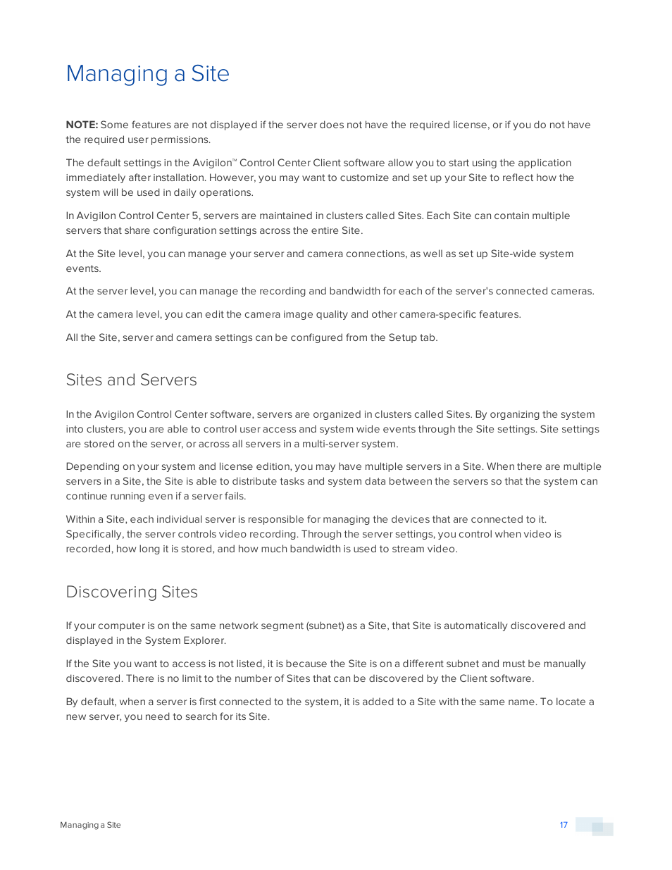 Managing a site, Sites and servers, Discovering sites | Avigilon ACC Enterprise Version 5.2.2 User Manual | Page 17 / 189