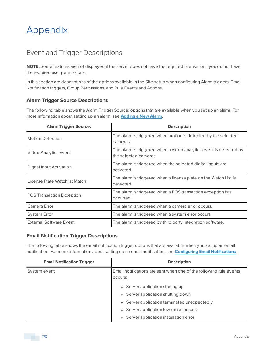 Appendix, Event and trigger descriptions, Alarm trigger source descriptions | Email notification trigger descriptions | Avigilon ACC Enterprise Version 5.2.2 User Manual | Page 170 / 189