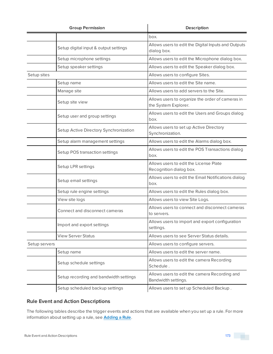 Rule event and action descriptions | Avigilon ACC Enterprise Version 5.2.2 User Manual | Page 173 / 189