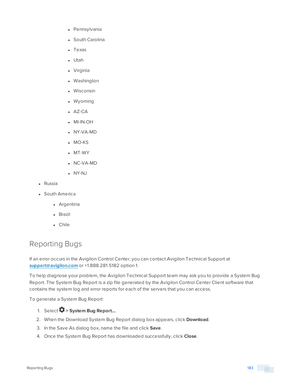 Reporting bugs | Avigilon ACC Enterprise Version 5.2.2 User Manual | Page 183 / 189