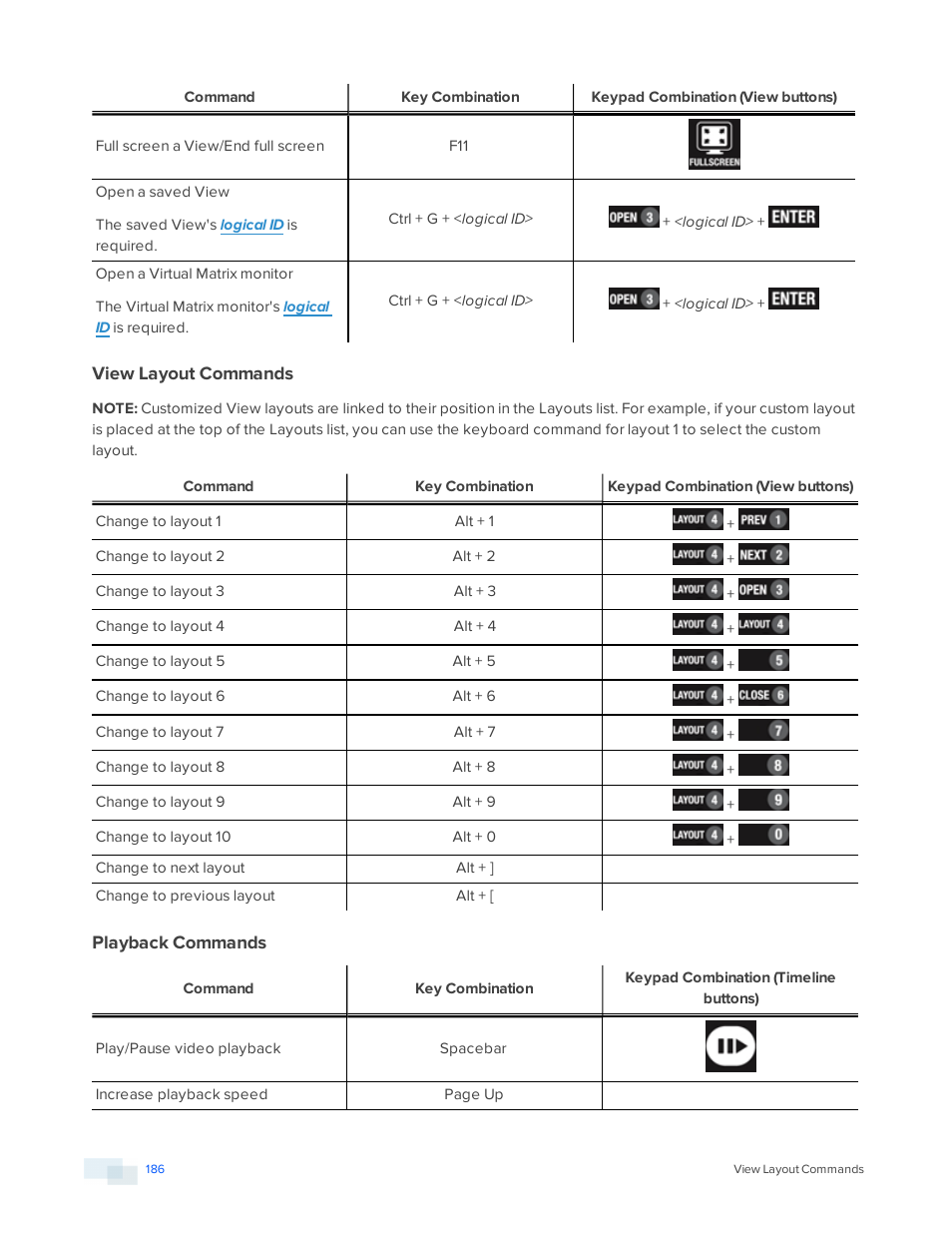 View layout commands, Playback commands | Avigilon ACC Enterprise Version 5.2.2 User Manual | Page 186 / 189