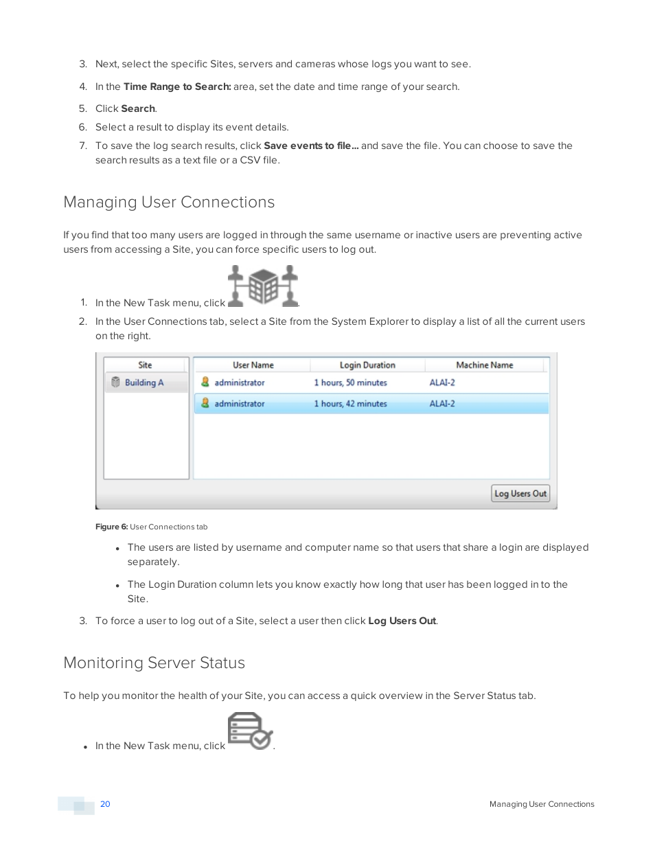 Managing user connections, Monitoring server status | Avigilon ACC Enterprise Version 5.2.2 User Manual | Page 20 / 189