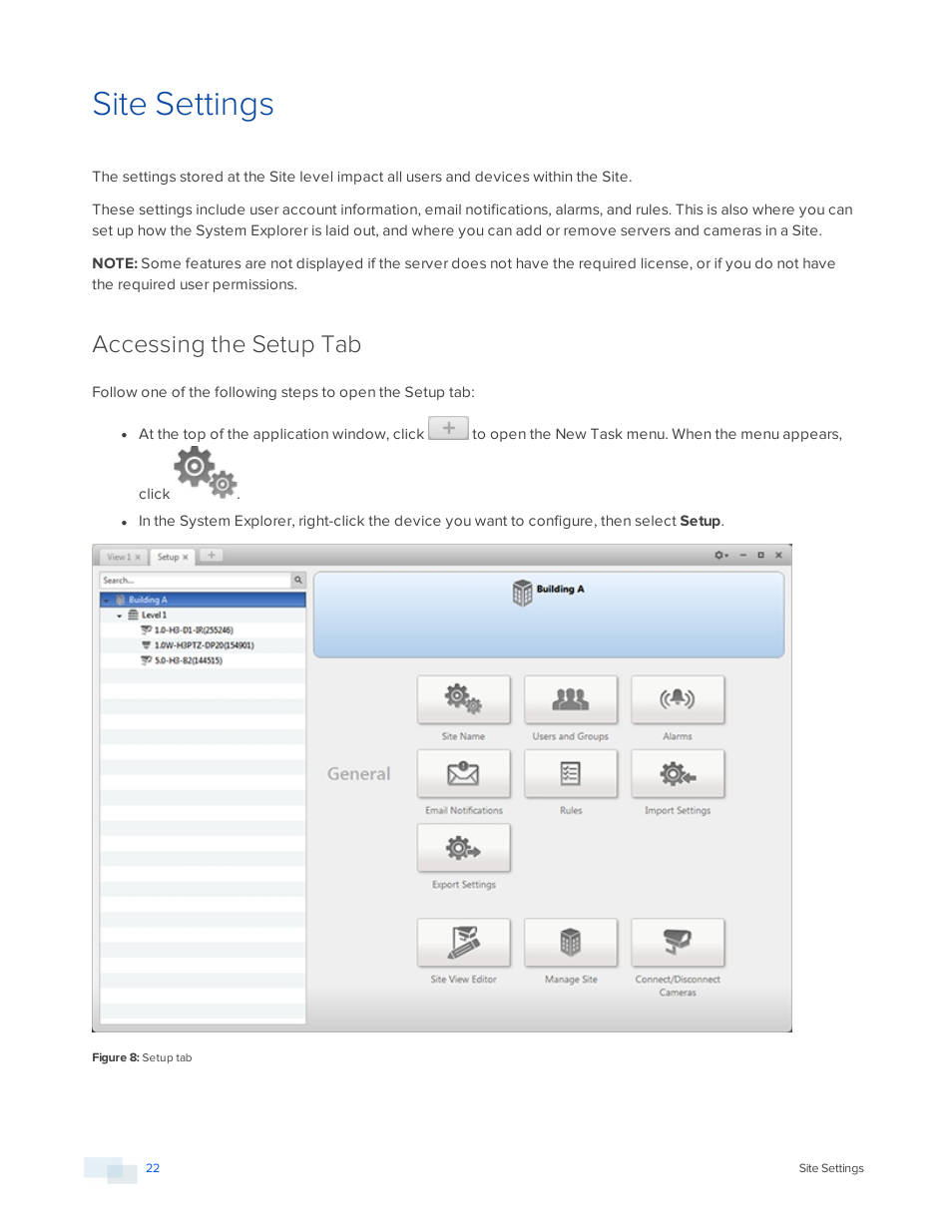 Site settings, Accessing the setup tab | Avigilon ACC Enterprise Version 5.2.2 User Manual | Page 22 / 189