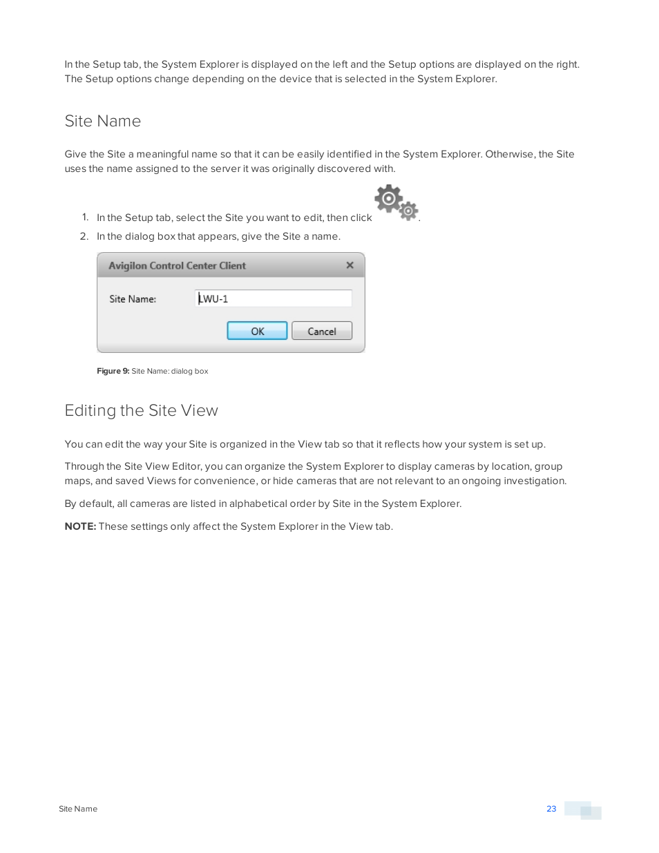 Site name, Editing the site view | Avigilon ACC Enterprise Version 5.2.2 User Manual | Page 23 / 189