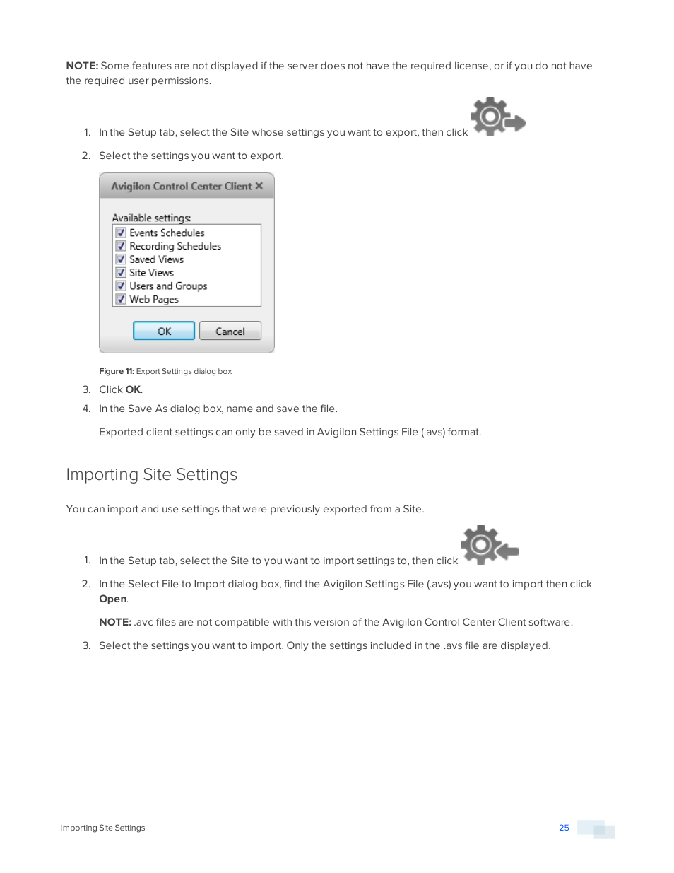 Importing site settings | Avigilon ACC Enterprise Version 5.2.2 User Manual | Page 25 / 189