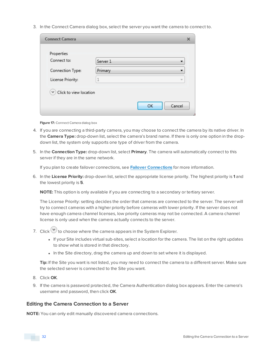 Editing the camera connection to a server | Avigilon ACC Enterprise Version 5.2.2 User Manual | Page 32 / 189