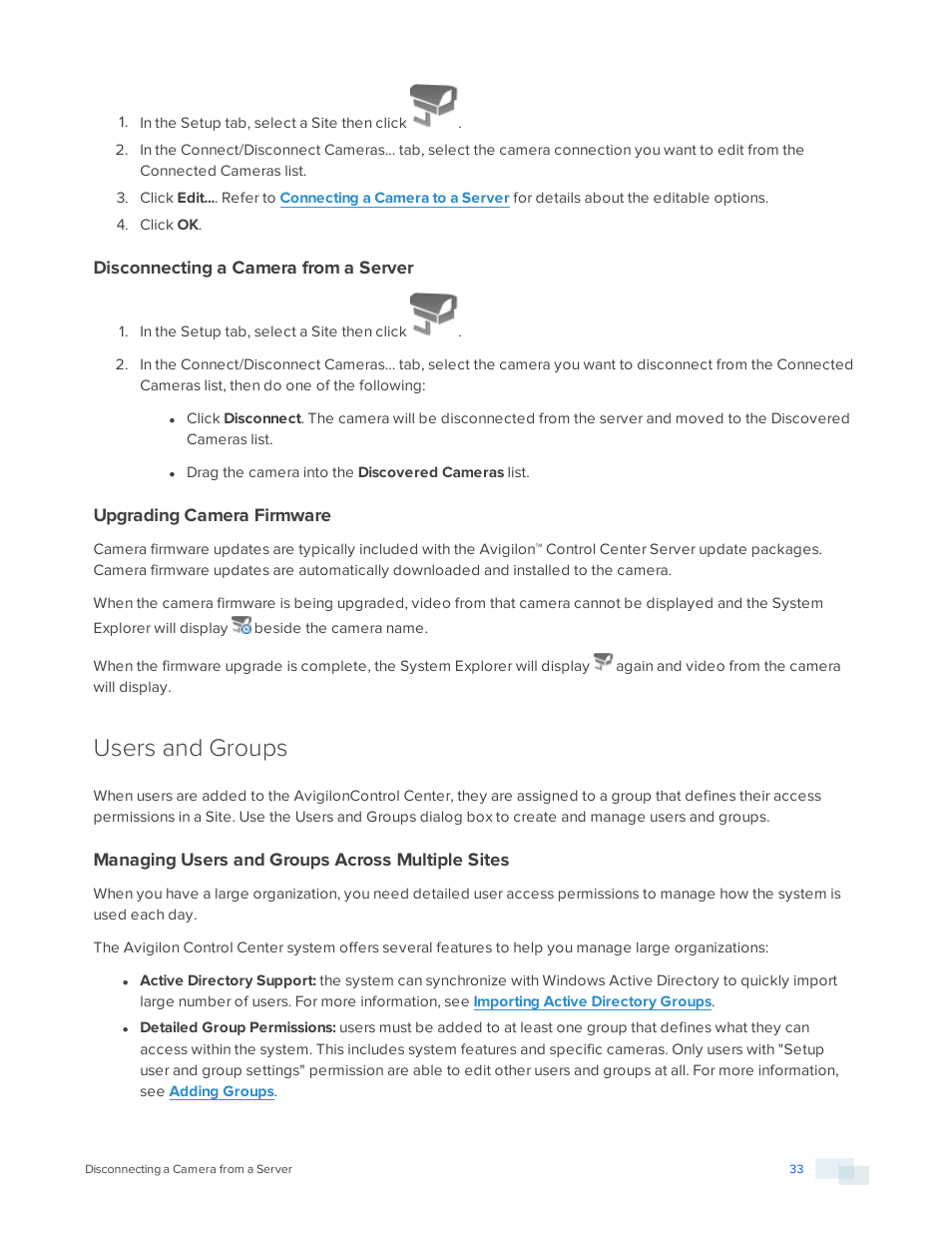 Disconnecting a camera from a server, Upgrading camera firmware, Users and groups | Managing users and groups across multiple sites | Avigilon ACC Enterprise Version 5.2.2 User Manual | Page 33 / 189