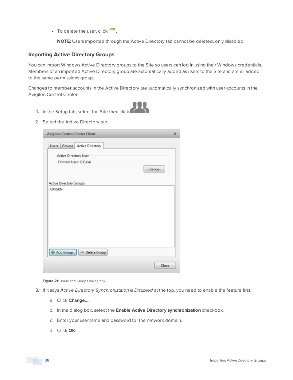 Importing active directory groups | Avigilon ACC Enterprise Version 5.2.2 User Manual | Page 38 / 189