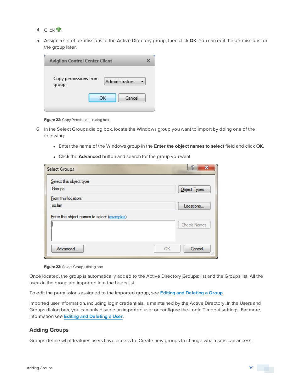 Adding groups | Avigilon ACC Enterprise Version 5.2.2 User Manual | Page 39 / 189