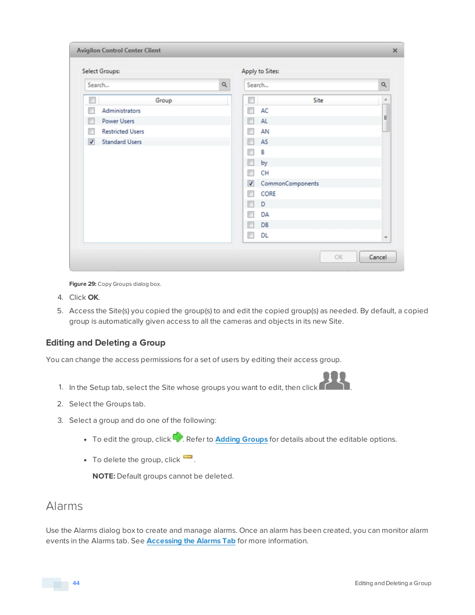 Editing and deleting a group, Alarms | Avigilon ACC Enterprise Version 5.2.2 User Manual | Page 44 / 189