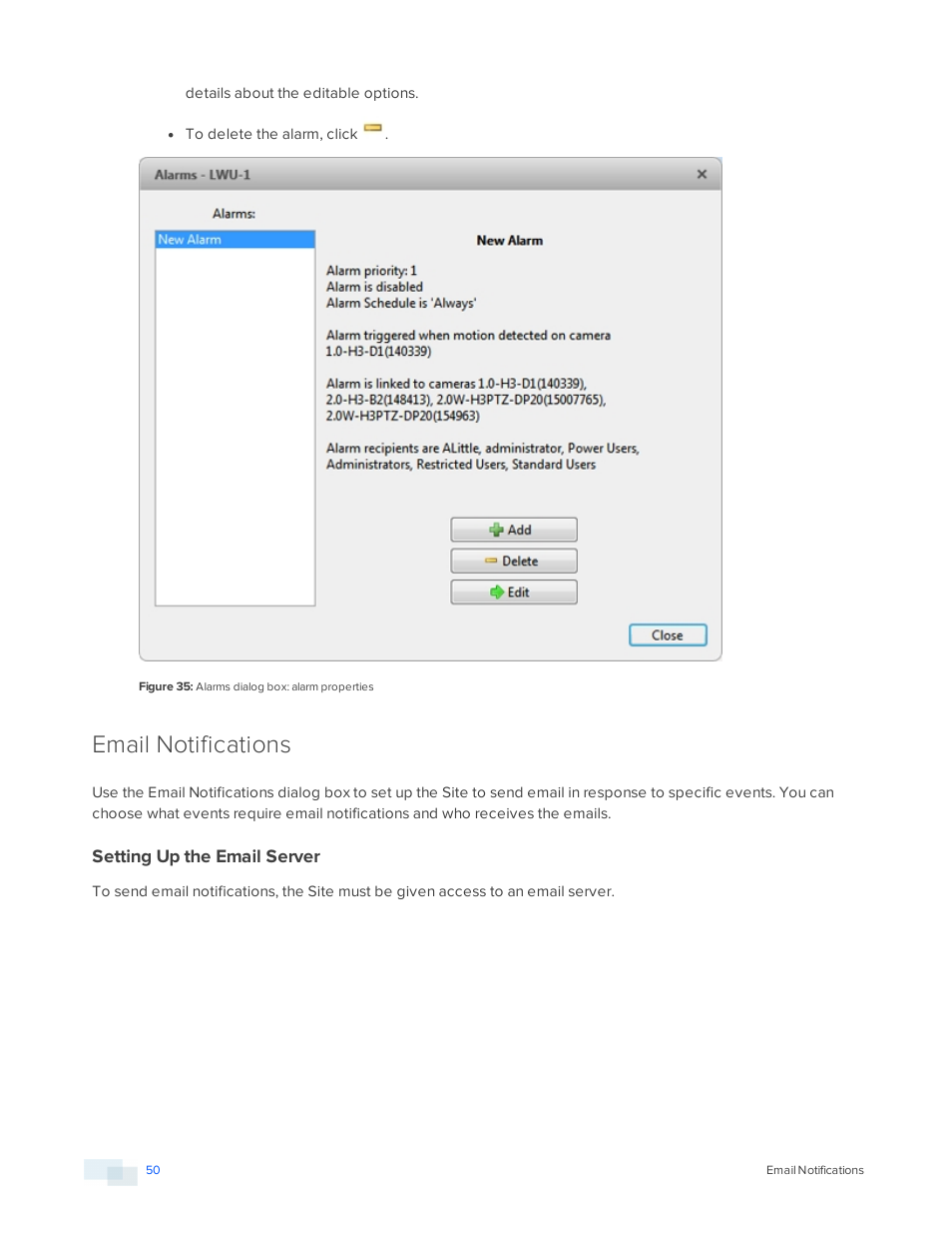 Email notifications, Setting up the email server | Avigilon ACC Enterprise Version 5.2.2 User Manual | Page 50 / 189