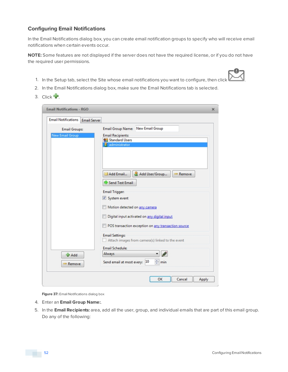 Configuring email notifications | Avigilon ACC Enterprise Version 5.2.2 User Manual | Page 52 / 189