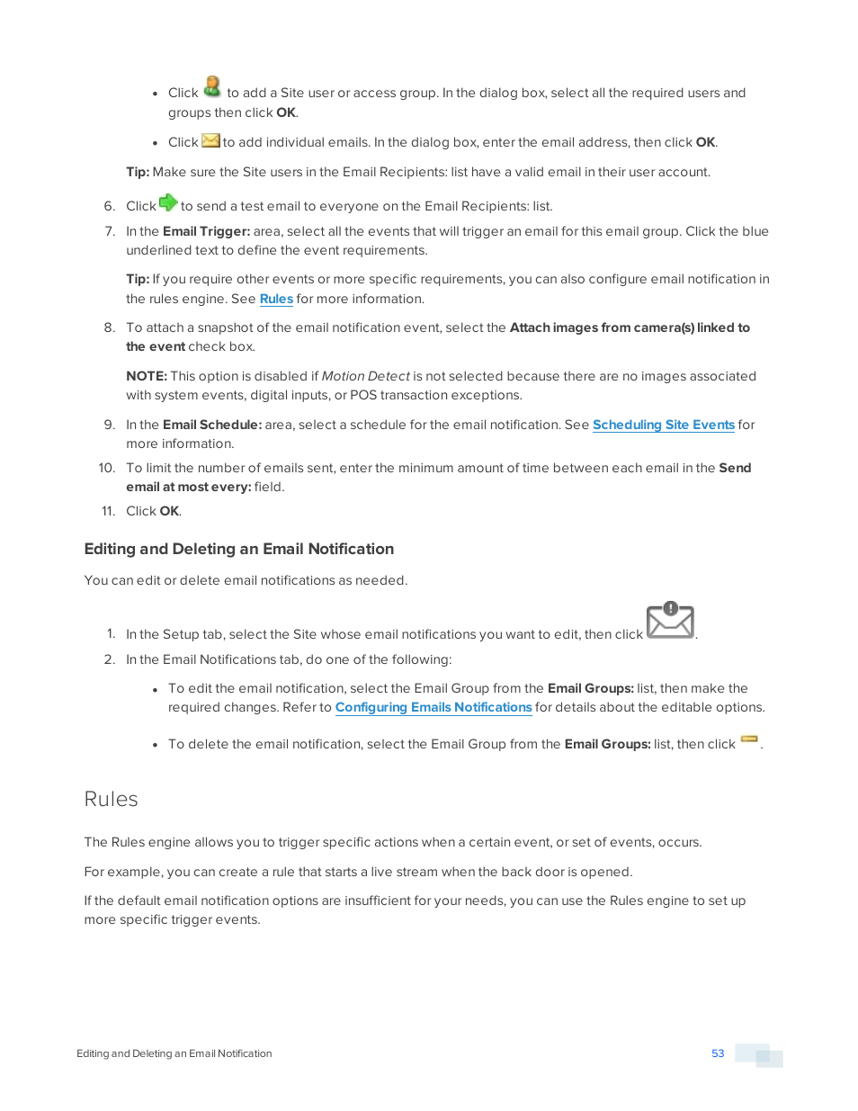 Editing and deleting an email notification, Rules | Avigilon ACC Enterprise Version 5.2.2 User Manual | Page 53 / 189