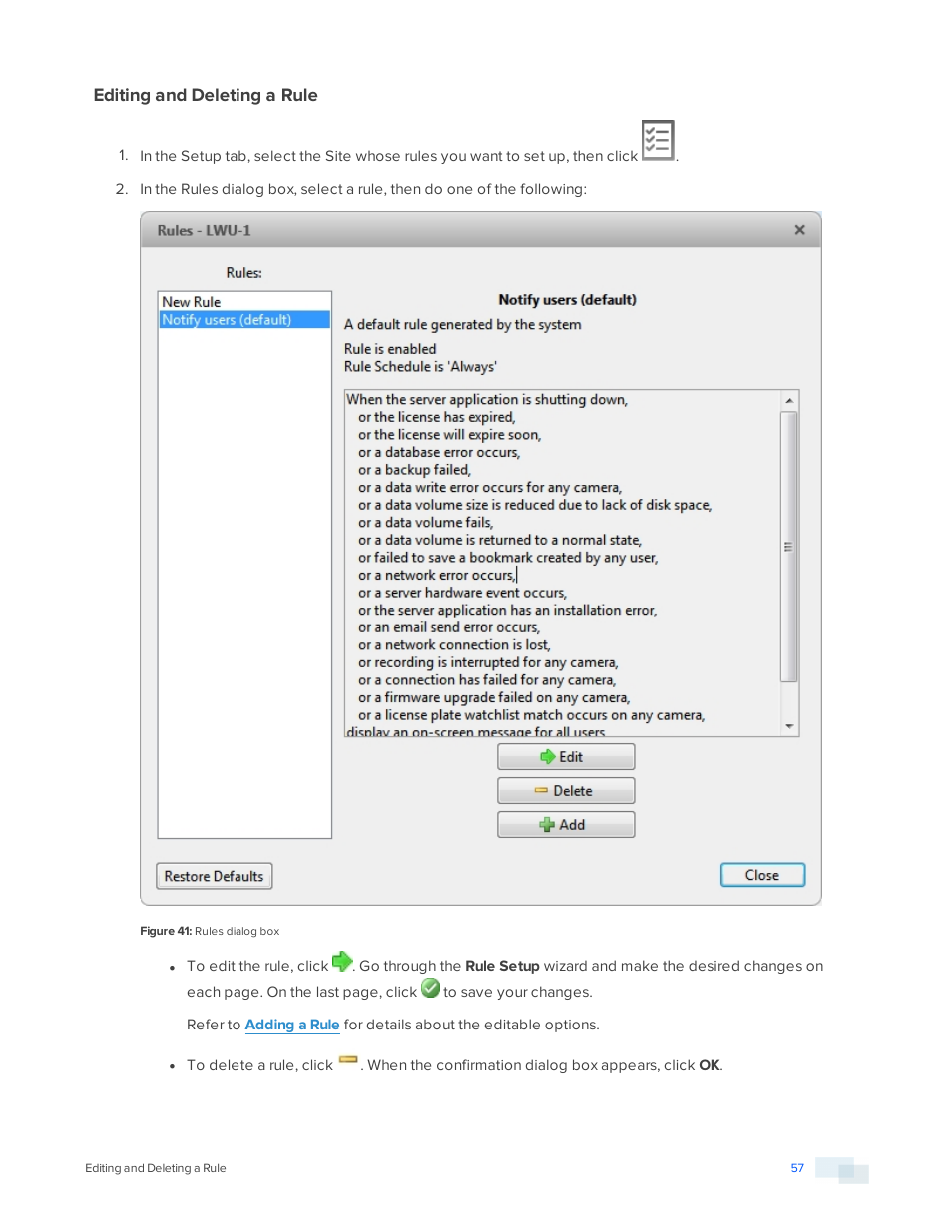 Editing and deleting a rule | Avigilon ACC Enterprise Version 5.2.2 User Manual | Page 57 / 189