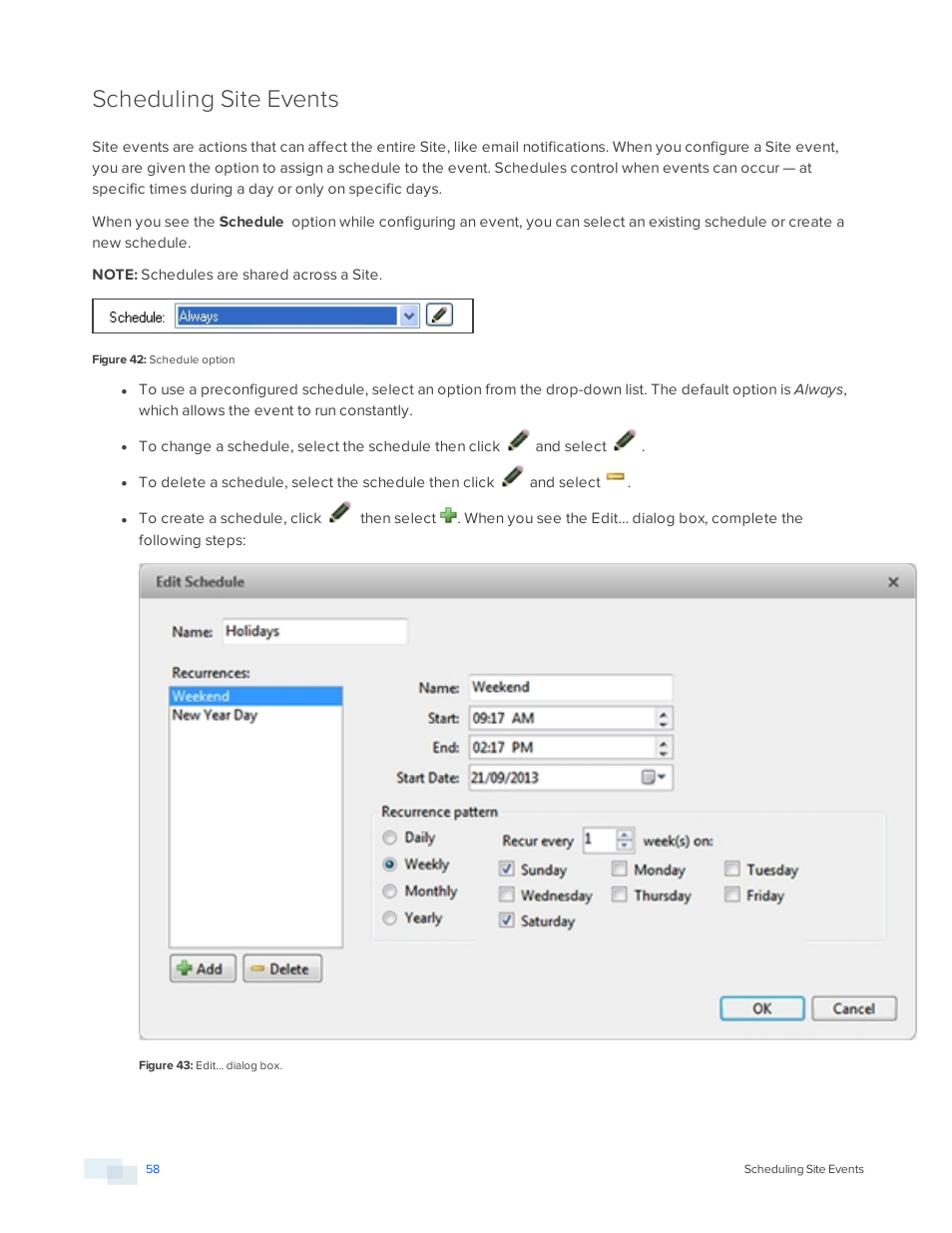 Scheduling site events | Avigilon ACC Enterprise Version 5.2.2 User Manual | Page 58 / 189