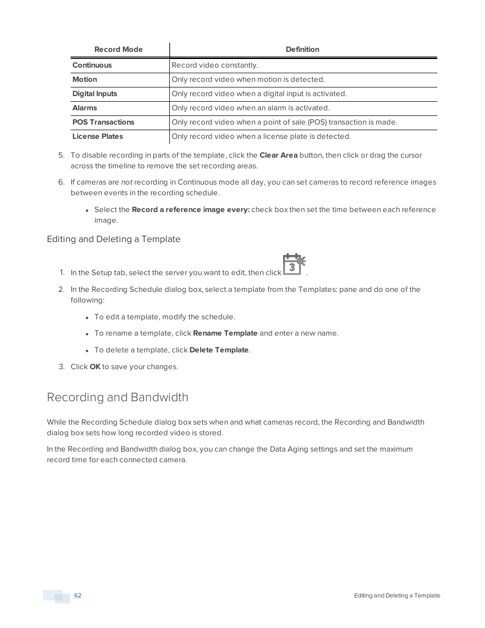 Editing and deleting a template, Recording and bandwidth | Avigilon ACC Enterprise Version 5.2.2 User Manual | Page 62 / 189