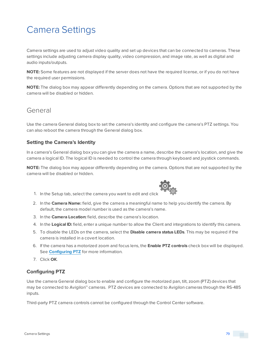 Camera settings, General, Setting the camera's identity | Configuring ptz | Avigilon ACC Enterprise Version 5.2.2 User Manual | Page 79 / 189