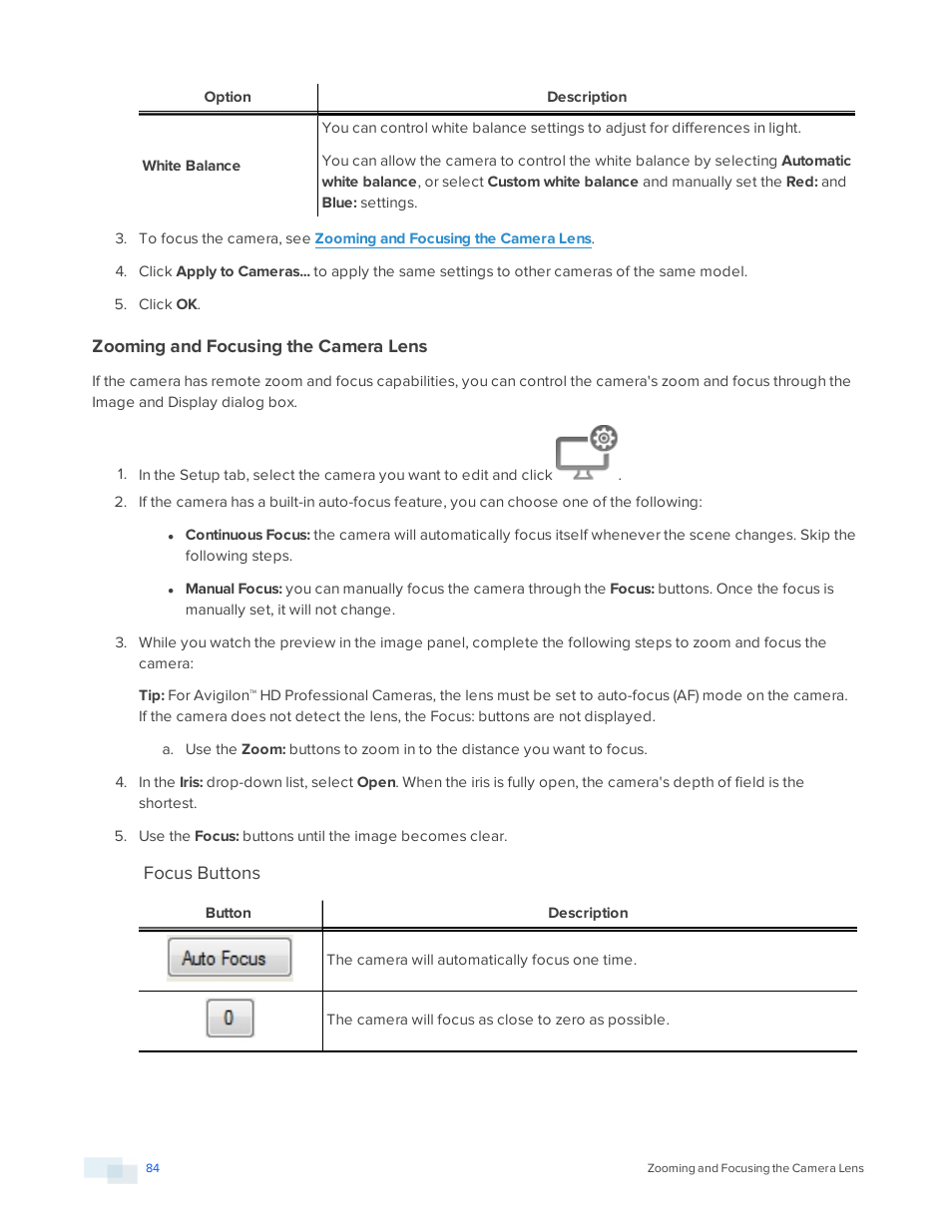 Zooming and focusing the camera lens, Focus buttons | Avigilon ACC Enterprise Version 5.2.2 User Manual | Page 84 / 189