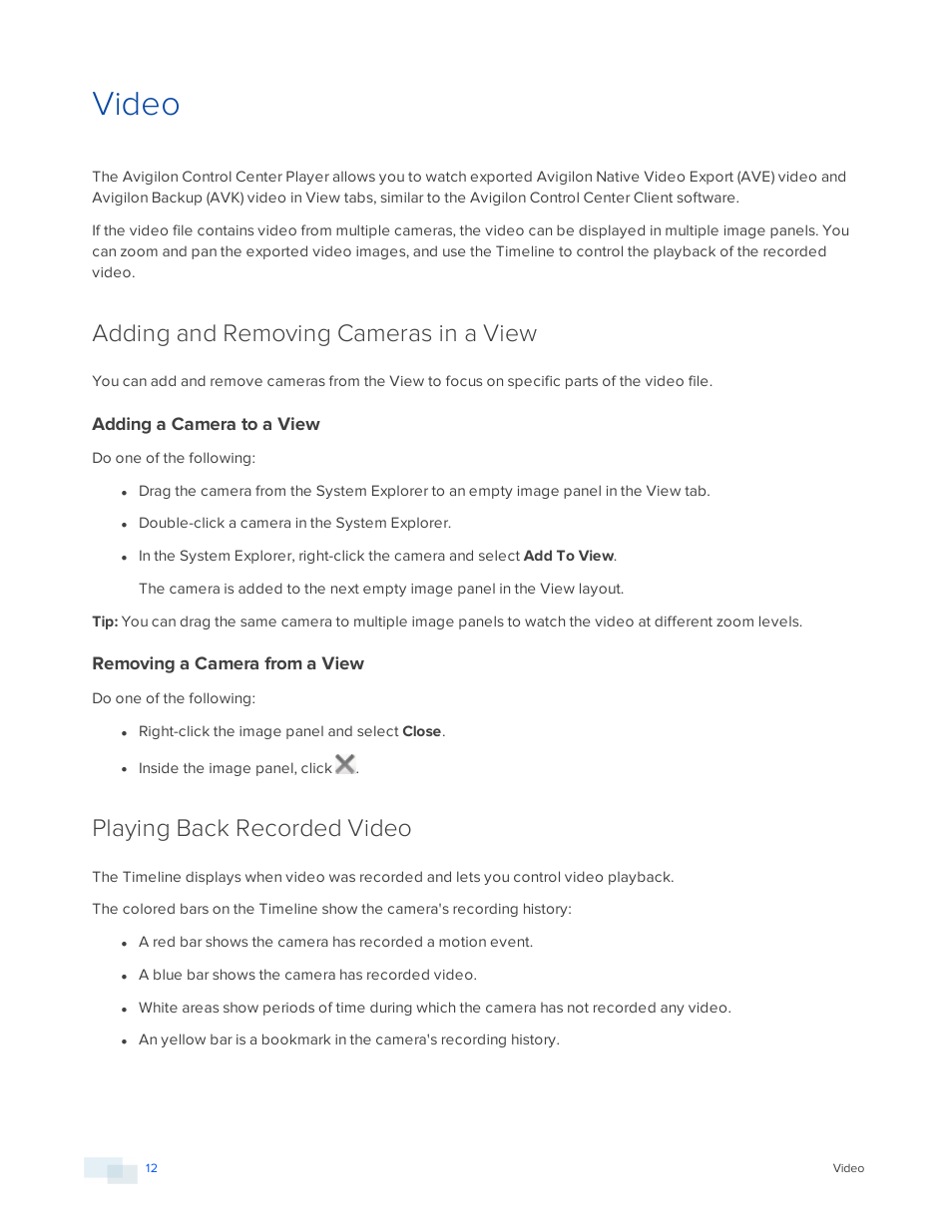 Video, Adding and removing cameras in a view, Adding a camera to a view | Removing a camera from a view, Playing back recorded video | Avigilon ACC Player Version 5.2.2 User Manual | Page 12 / 42