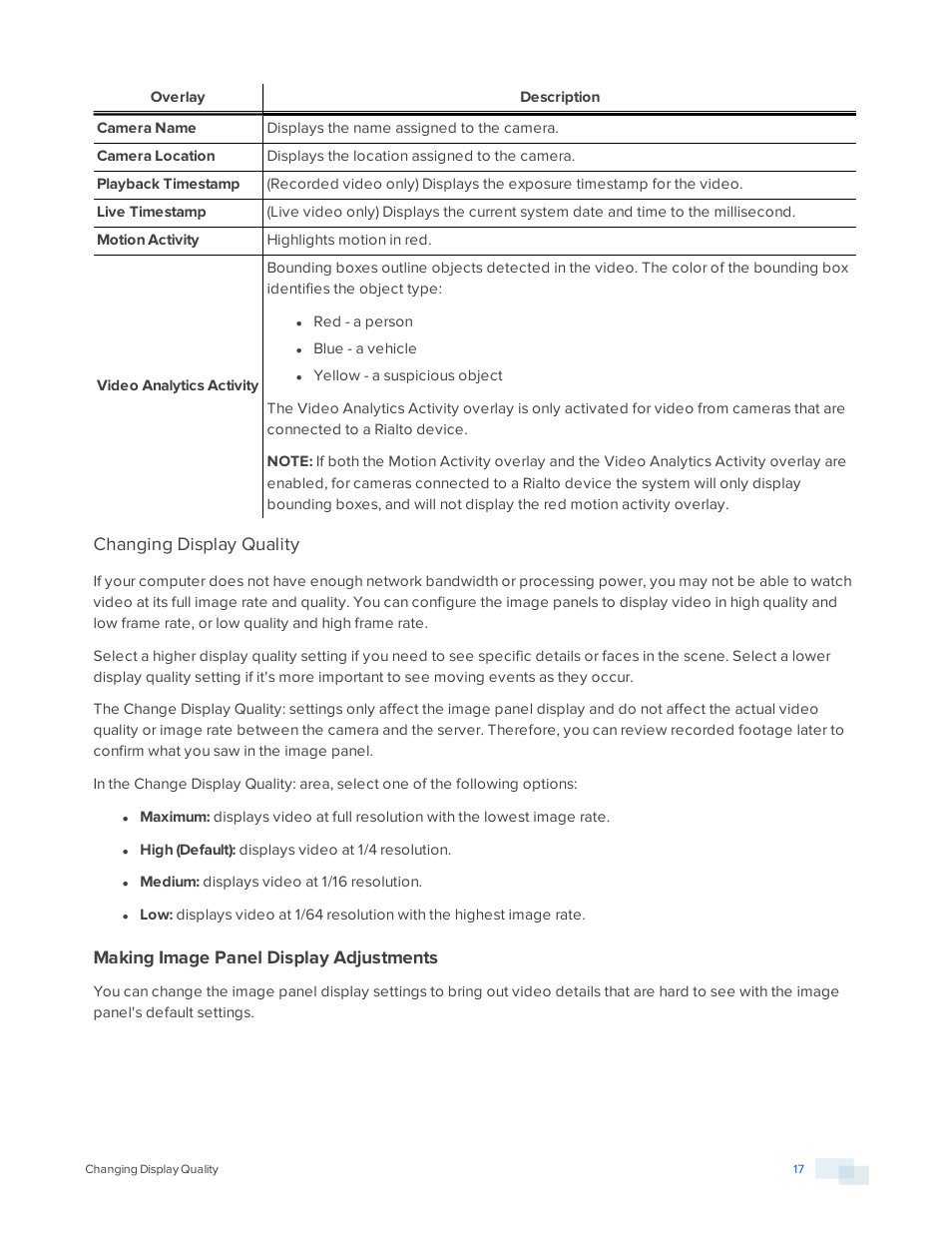 Changing display quality, Making image panel display adjustments | Avigilon ACC Player Version 5.2.2 User Manual | Page 17 / 42