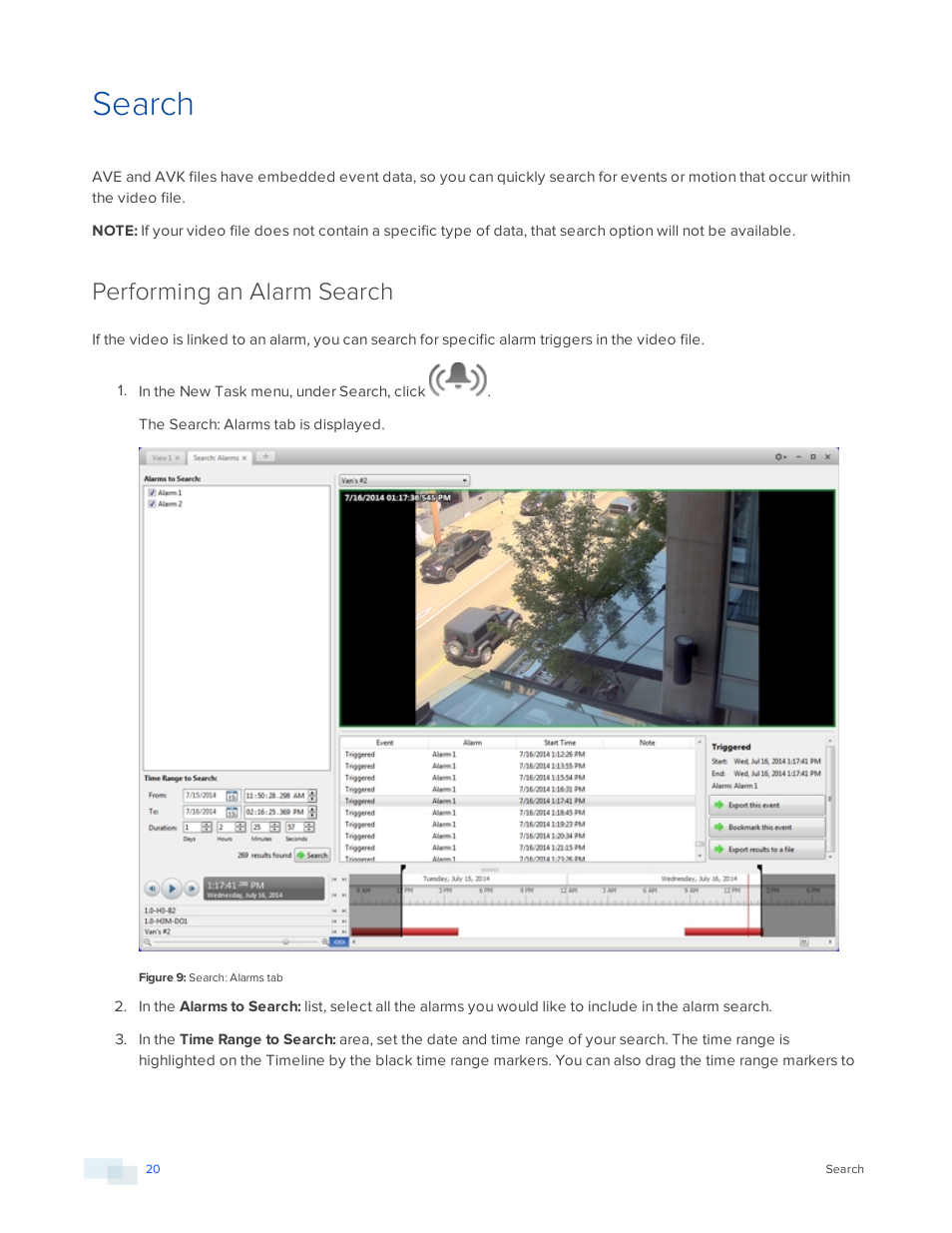 Search, Performing an alarm search | Avigilon ACC Player Version 5.2.2 User Manual | Page 20 / 42