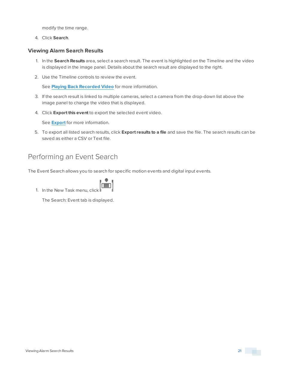 Viewing alarm search results, Performing an event search | Avigilon ACC Player Version 5.2.2 User Manual | Page 21 / 42