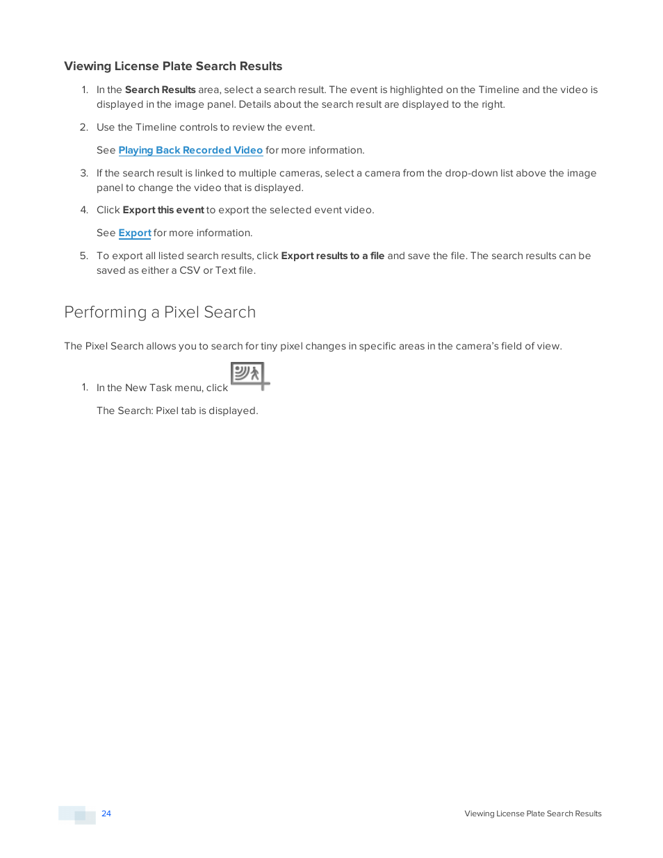 Viewing license plate search results, Performing a pixel search | Avigilon ACC Player Version 5.2.2 User Manual | Page 24 / 42