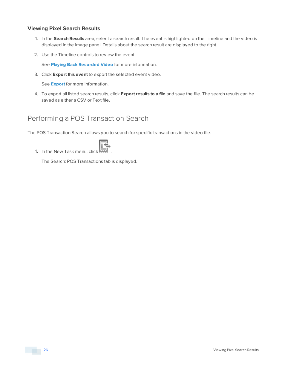 Viewing pixel search results, Performing a pos transaction search | Avigilon ACC Player Version 5.2.2 User Manual | Page 26 / 42