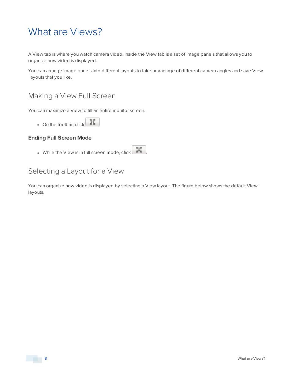 What are views, Making a view full screen, Ending full screen mode | Selecting a layout for a view | Avigilon ACC Player Version 5.2.2 User Manual | Page 8 / 42